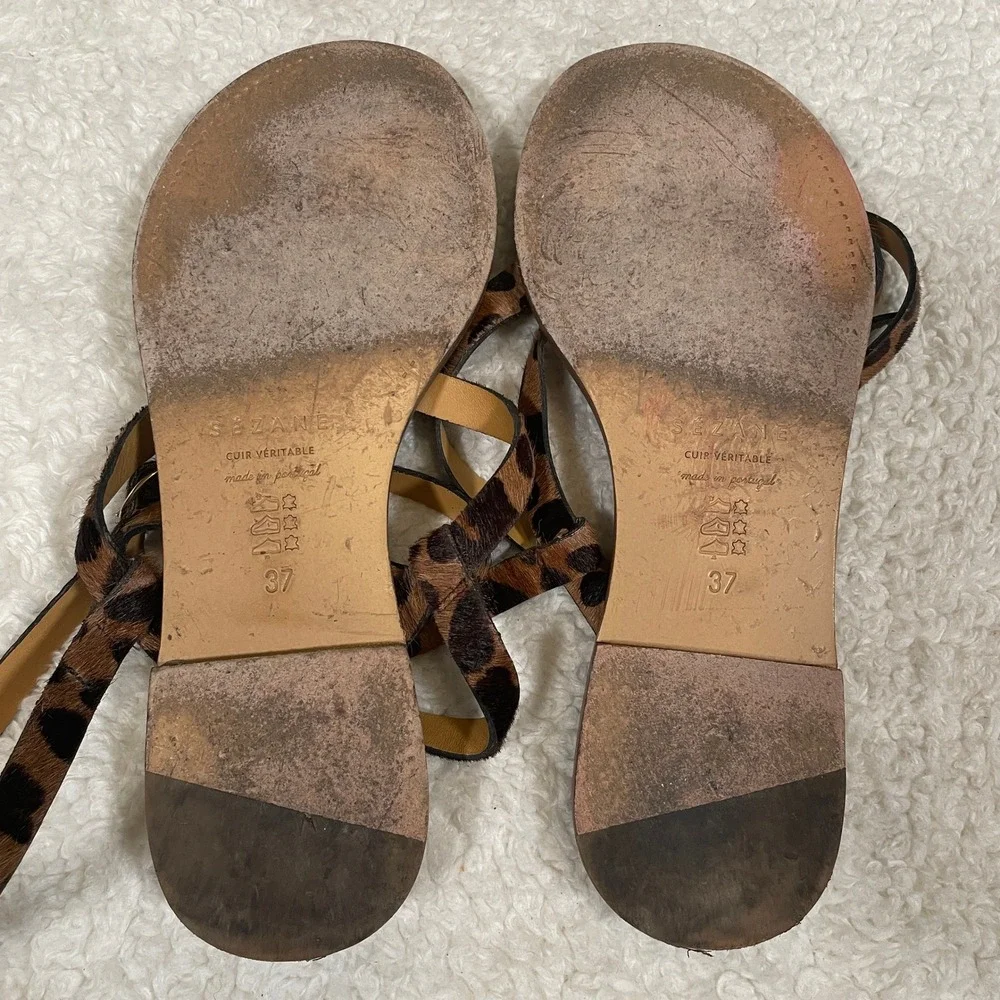 Sezane Leopard Print Sandals Calf Hair Leather Ankle Strap Flat Tan Size 37 US 6